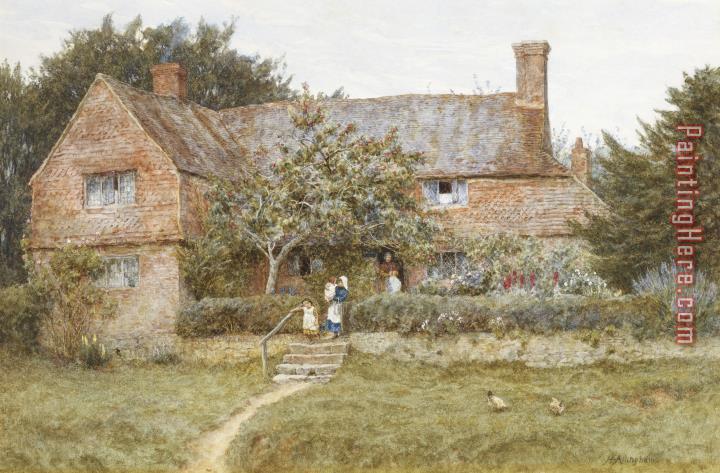 Helen Allingham A Surrey Cottage with a Mother and her Children